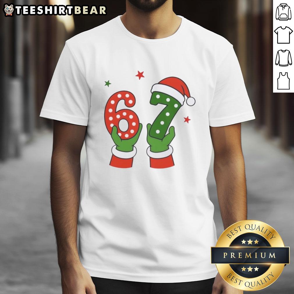 Pretty Christmas 67 Six Seven Santa Claus Hands T-Shirt featuring festive design and cheerful holiday spirit.
