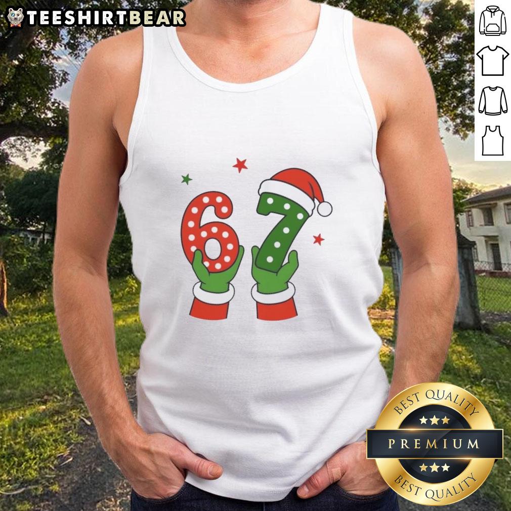 Alt Text: Santa Claus hands holding a festive tank top featuring 'Pretty Christmas 67 Six Seven' design, perfect for holiday wear.