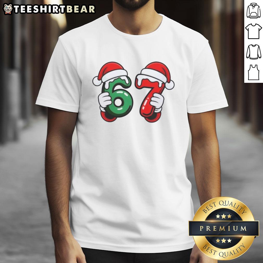 Alt Text: Pretty Christmas Sixty Seven 67 Santa Hands T-Shirt featuring festive Santa graphic design for holiday cheer.