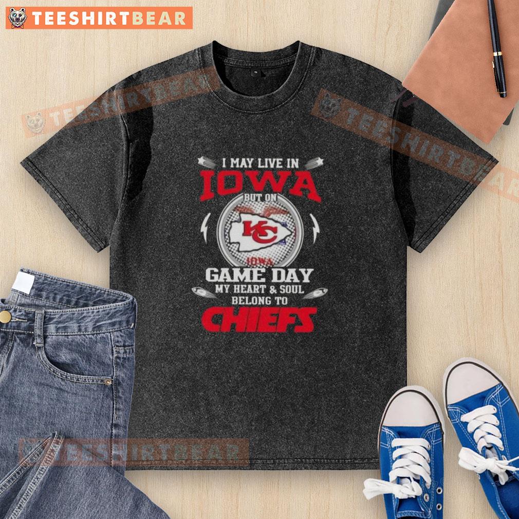 Kansas City Chiefs washed t-shirt with 'I may live in Iowa, but my heart belongs to Chiefs' slogan.