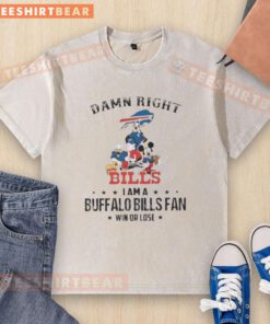Alt Text: Pretty Mickey and Friends Buffalo Bills fan t-shirt, showcasing team spirit with 'Damn Right I Am' slogan.