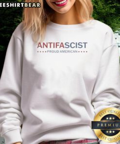 Alt Text: Pretty Proud American Antifa sweatshirt featuring bold graphics, symbolizing antifascist pride and American values.