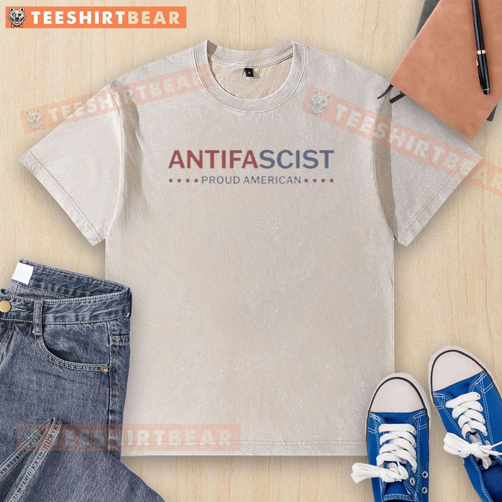 Pretty Proud American Antifa Antifascist Proud American washed t-shirt in vibrant colors, promoting anti-fascism.
