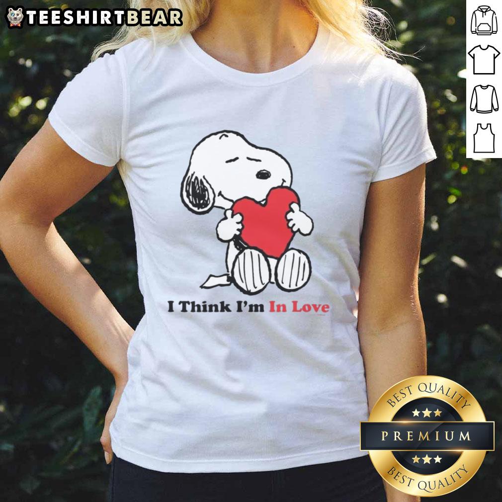 Pretty Snoopy I Think I'm In Love ladies tee featuring a cute Snoopy graphic and stylish design.
