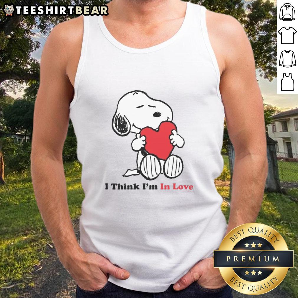 Pretty Snoopy I Think I'm In Love tank top featuring a cute Snoopy graphic, perfect for casual, playful outfits.