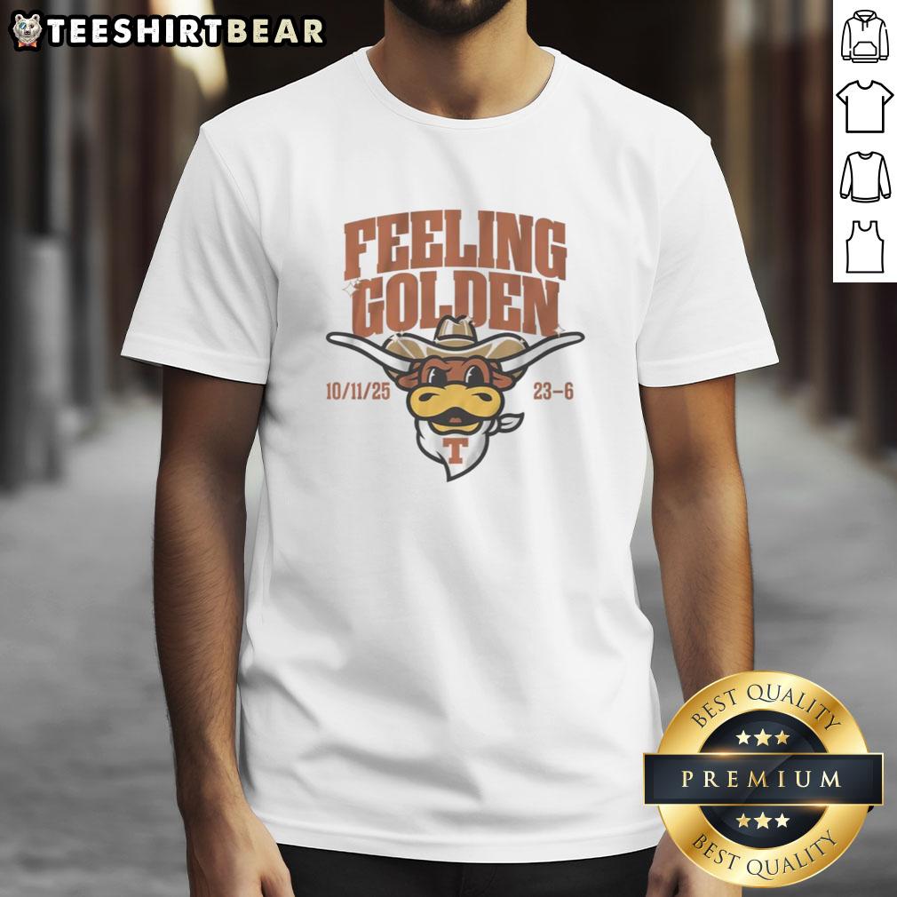 Alt Text: Pretty Texas Football Feeling Golden T-Shirt featuring vibrant colors and a stylish design for game day wear.