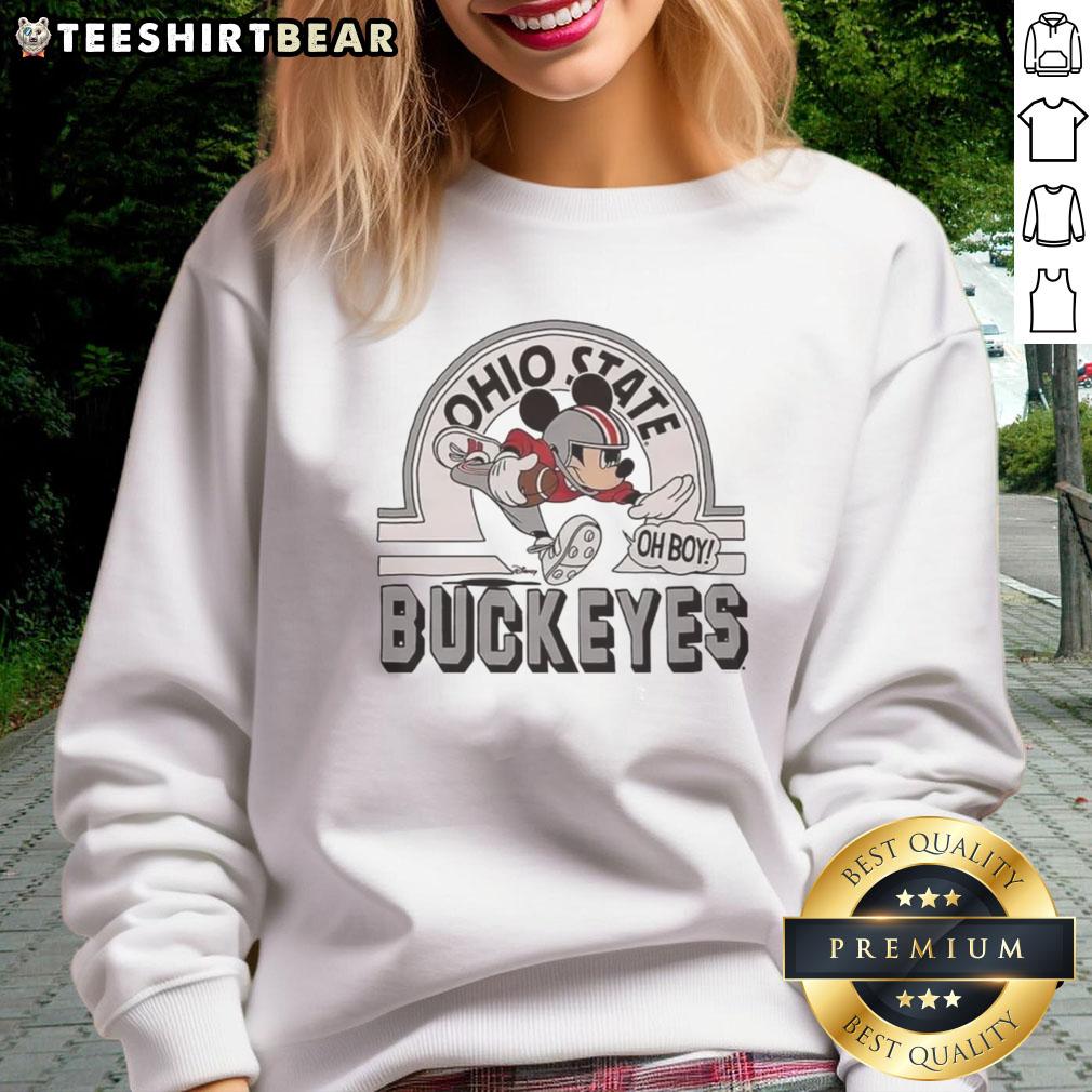 Alt Text: Top Mickey Mouse Disney x Ohio State Buckeyes football logo sweatshirt featuring vibrant colors and stylish design.