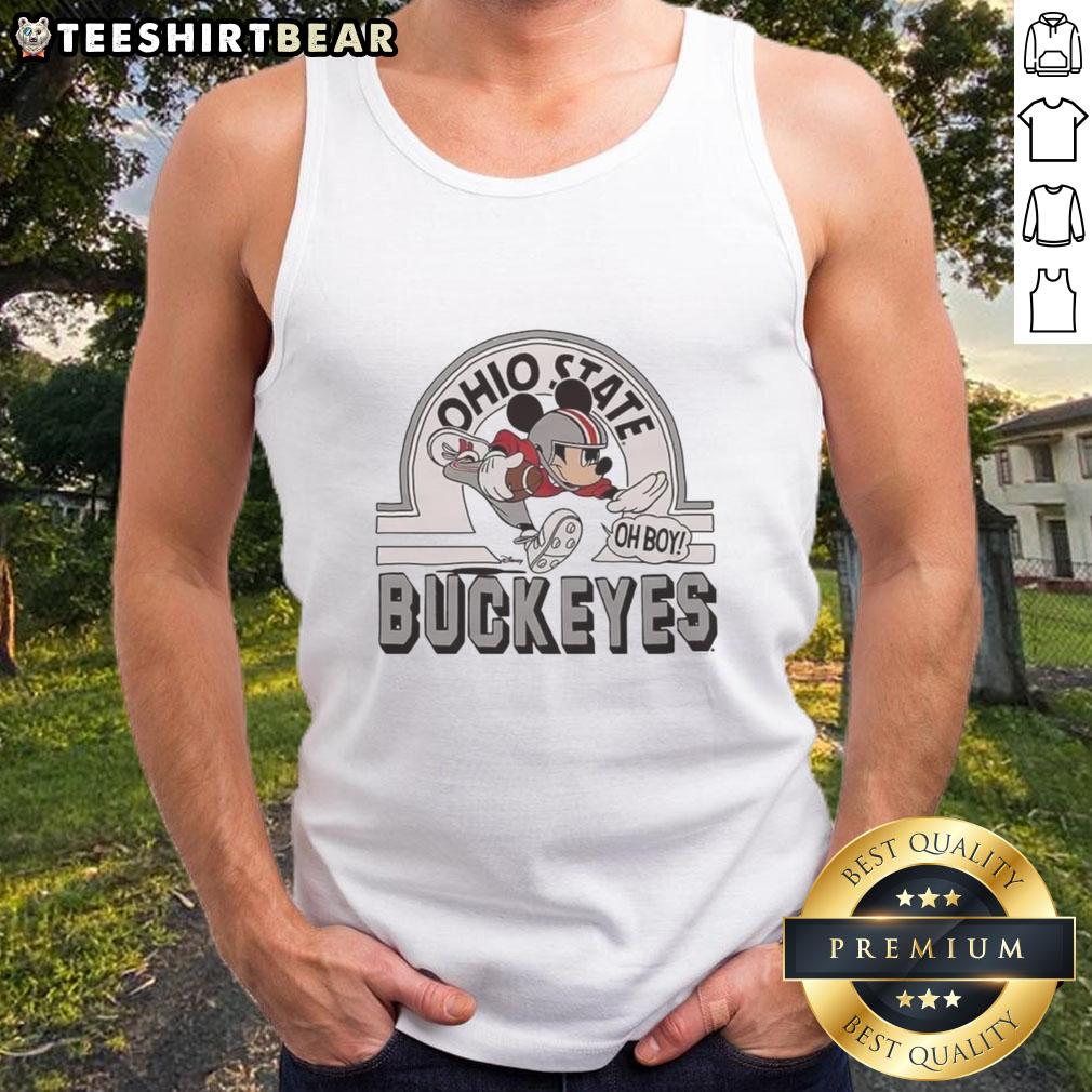 Top Mickey Mouse Disney x Ohio State Buckeyes football logo tank top featuring vibrant graphics and sporty design.