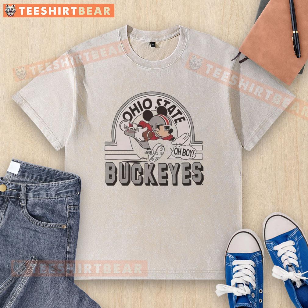 Top Mickey Mouse Disney x Ohio State Buckeyes football logo washed t-shirt featuring vibrant graphics and a comfortable fit.