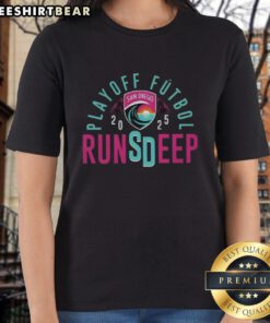 Alt Text: Top San Diego Wave FC Playoff Futbol 2025 ladies tee featuring vibrant team colors and stylish design.
