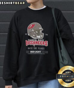 Alt Text: Vintage Tampa Bay Buccaneers Bud Light sweatshirt featuring the 1976 Raise the Flags football helmet design.