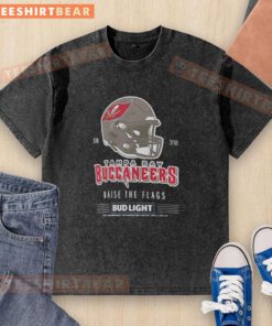 Alt Text: Top Tampa Bay Buccaneers Bud Light 1976 Raise The Flags football helmet washed t-shirt, perfect for fans.