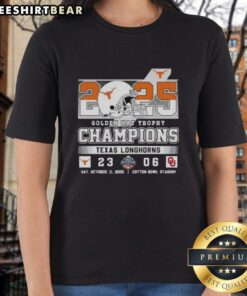 2025 Texas Longhorns Golden Hat Trophy champions ladies tee celebrating victory over Oklahoma Sooners.