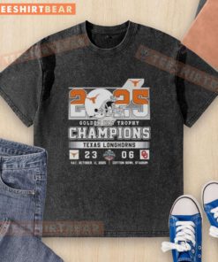 2025 Texas Longhorns Golden Hat Trophy champions shirt celebrating victory over Oklahoma Sooners in a washed design.