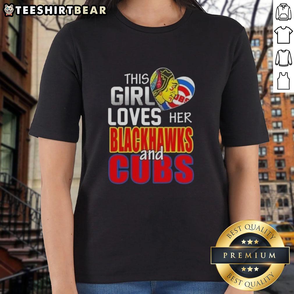 Girl wearing a Chicago sports tee featuring Blackhawks and Cubs, showcasing her love for Chicago teams.