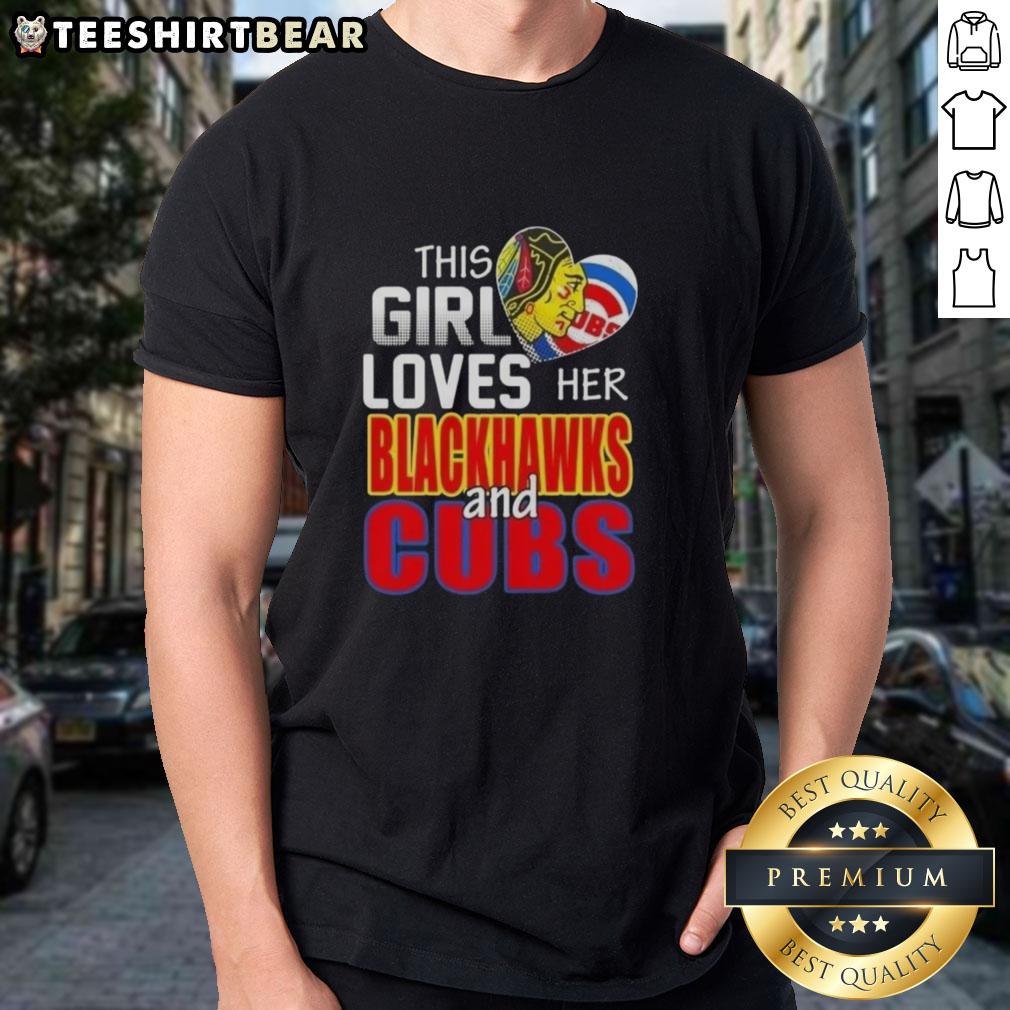 Alt Text: Girl wearing a Chicago sports T-shirt featuring Blackhawks and Cubs, showcasing her love for Chicago teams.