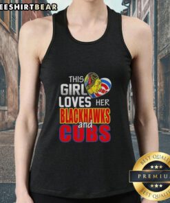 Alt Text: Girl wearing a Chicago sports tank top, showing love for Blackhawks and Cubs, enjoying a sunny day outdoors.