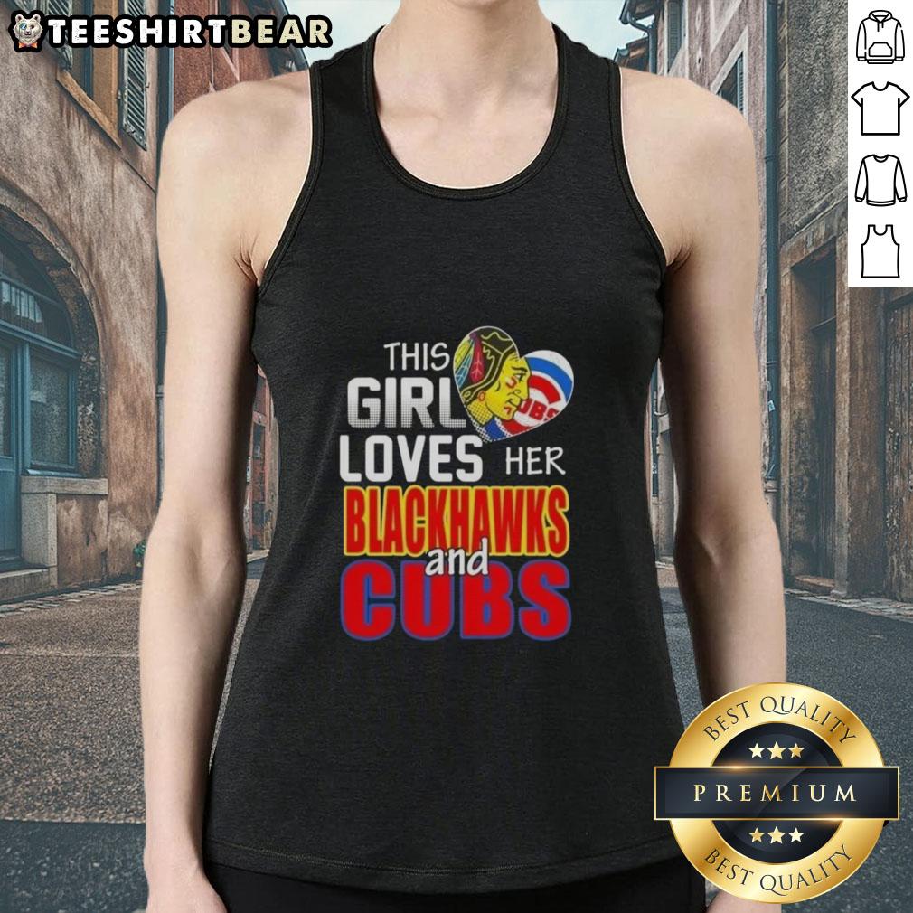 Alt Text: Girl wearing a Chicago sports tank top, showing love for Blackhawks and Cubs, enjoying a sunny day outdoors.
