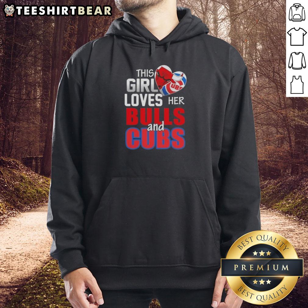 Alt Text: Girl wearing a Chicago Bulls and Cubs hoodie, showcasing her love for Chicago sports in a vibrant urban setting.