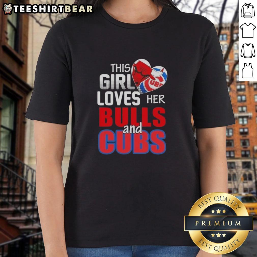 Alt Text: Girl wearing Chicago Bulls and Cubs ladies tee, showcasing her love for Chicago sports in a stylish casual outfit.