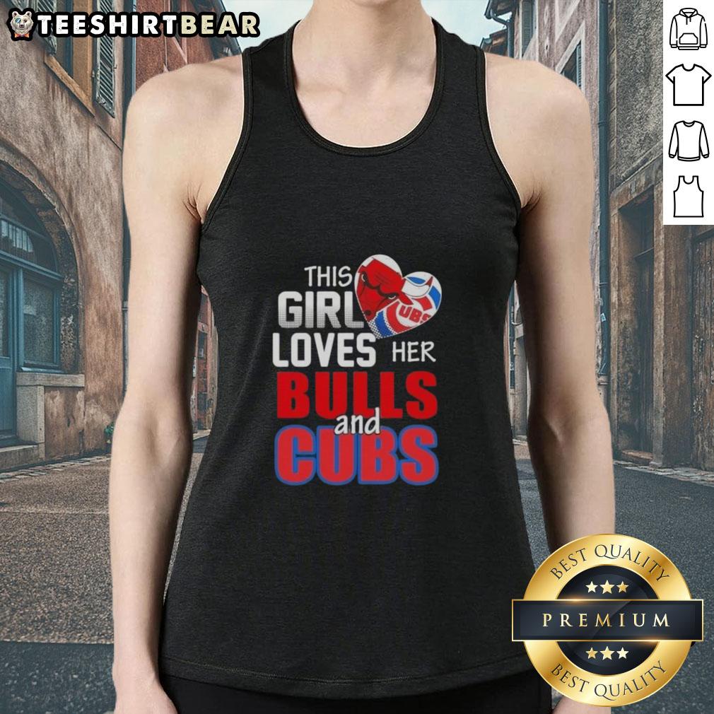 Girl wearing a Chicago Bulls and Cubs tank top, showcasing her love for Chicago sports in a vibrant urban setting.
