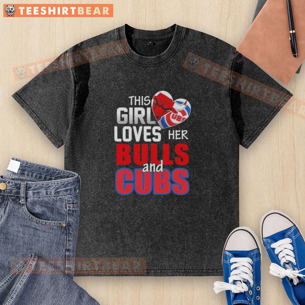 Girl wearing a Chicago Bulls and Cubs washed t-shirt, showing her love for Chicago sports in a casual setting.