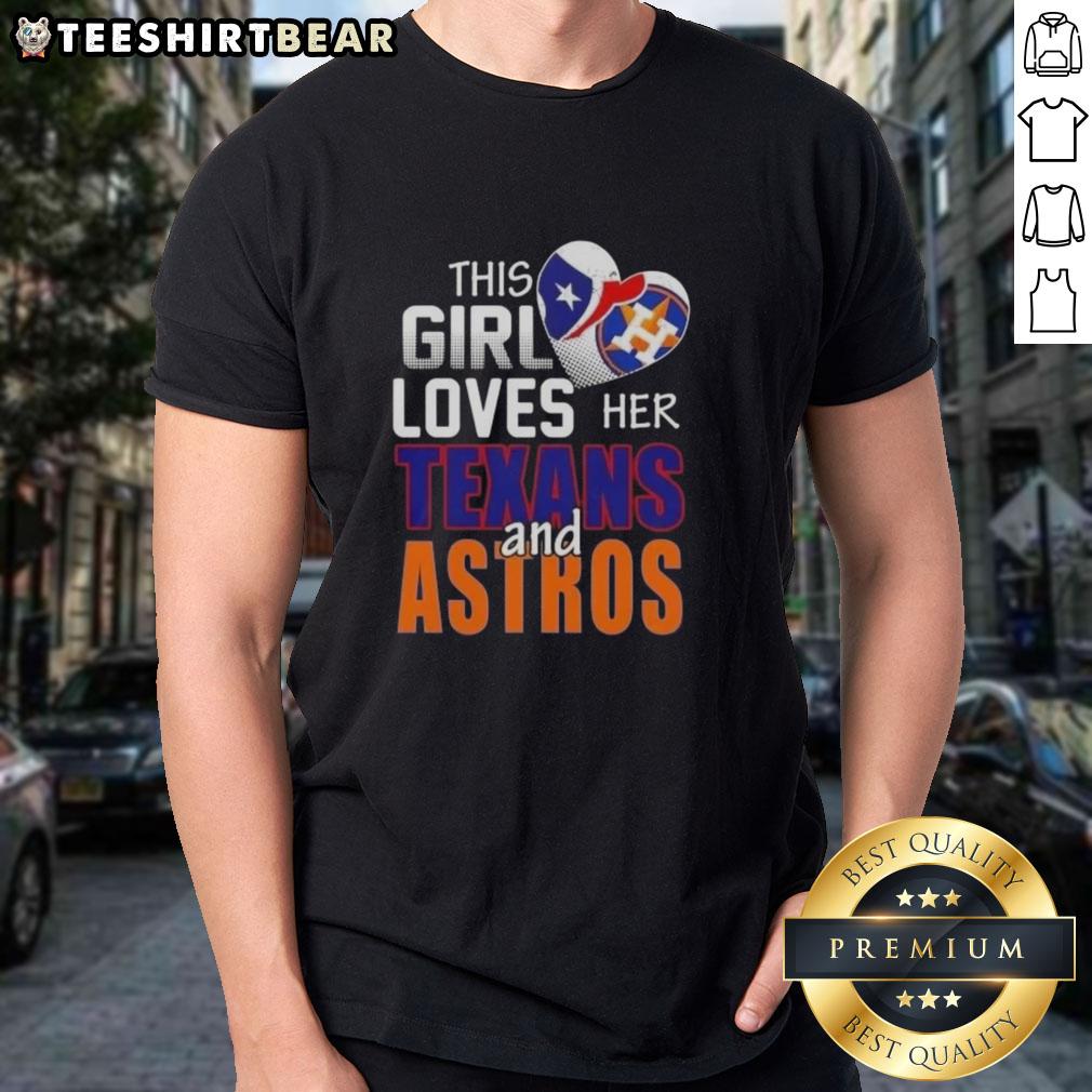Girl wearing a Houston Texans and Astros t-shirt, showcasing her love for Houston sports in a vibrant setting.