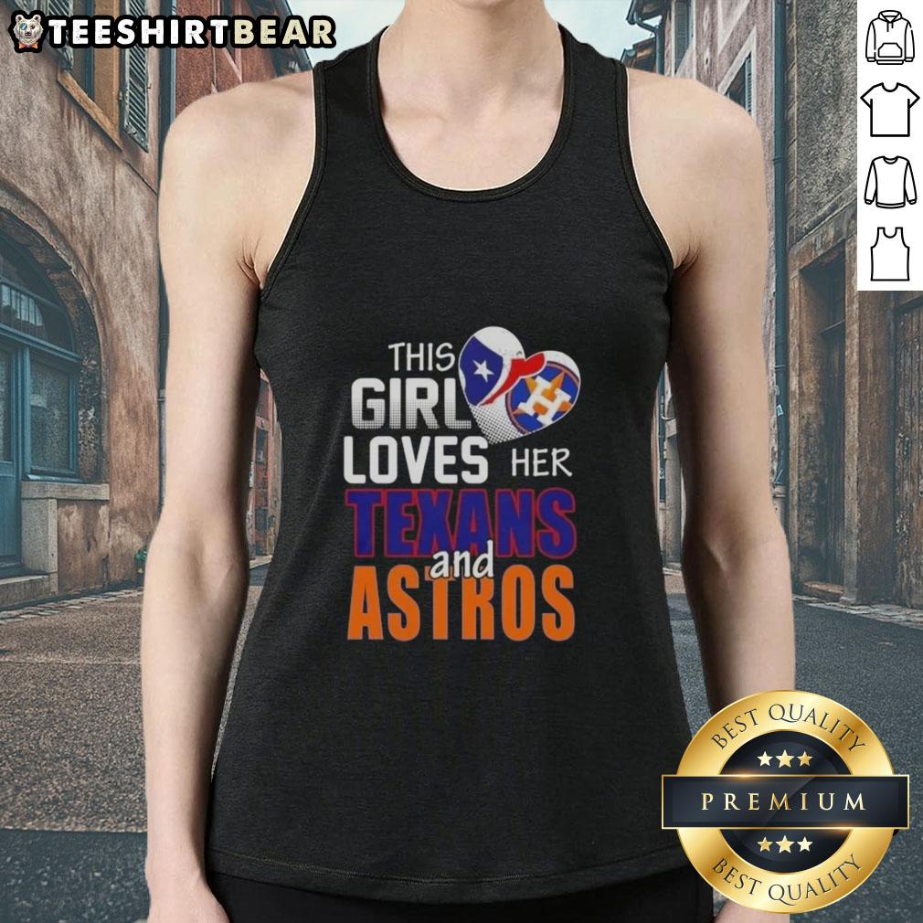 Girl wearing a Houston sports tank top featuring Texans and Astros logos, showcasing her love for Houston teams.