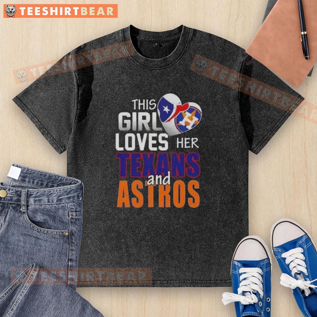 Girl wearing a washed t-shirt showcasing her love for Houston sports, featuring Texans and Astros logos.