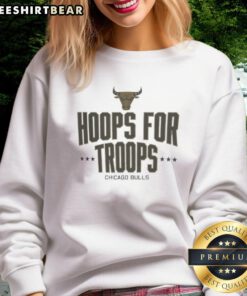 Good Hoops for Troops Chicago Bulls basketball sweatshirt featuring vibrant team colors and logo, perfect for fans.