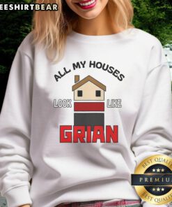 Cozy 'Nice All My Houses Look Like Grian' sweatshirt displayed on a wooden hanger, perfect for Minecraft fans.