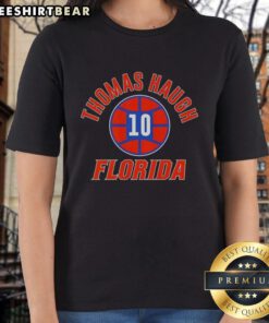 Alt Text: Florida Gators basketball ladies tee featuring Thomas Haugh's name and number 10 on a vibrant shirt design.