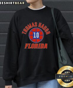 Alt Text: Florida Gators basketball sweatshirt featuring Thomas Haugh's name and number 10, perfect for fans.