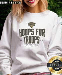 Nice Hoops for Troops New York Knicks basketball sweatshirt featuring team colors and logo, perfect for fans.