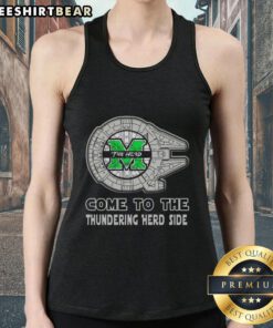 Alt Text: Stylish Star Wars tank top featuring the Marshall Thundering Herd logo, perfect for fans and summer wear.