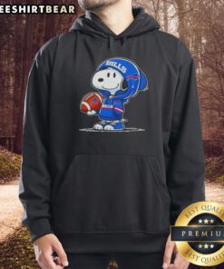 Snoopy in a Buffalo Bills hoodie smiling at fans, showcasing premium peanuts merchandise.