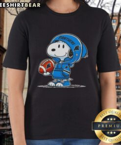 Alt Text: Premium Peanuts tee featuring Snoopy in a Carolina Panthers hoodie, smiling at fans, perfect for ladies.