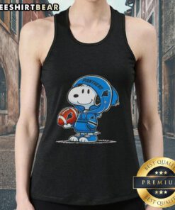 Premium Peanuts Snoopy in a Carolina Panthers hoodie smiling at fans on a stylish tank top.