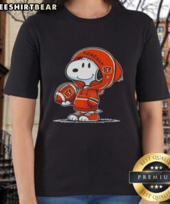 Premium Peanuts Snoopy in a Cincinnati Bengals hoodie, smiling at fans on a ladies tee shirt.