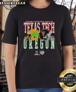 2026 Capital One Orange Bowl helmet matchup: Oregon Ducks vs. Texas Tech Red Raiders on a stylish ladies tee design.
