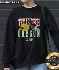 Awesome Oregon Ducks vs Texas Tech Red Raiders Capital One Orange Bowl 2026 sweatshirt featuring team helmets.