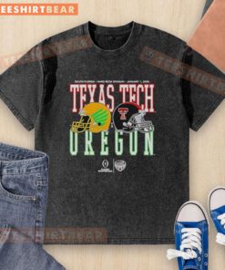 2026 Capital One Orange Bowl matchup: Oregon Ducks vs Texas Tech Red Raiders helmet graphic on a washed t-shirt.