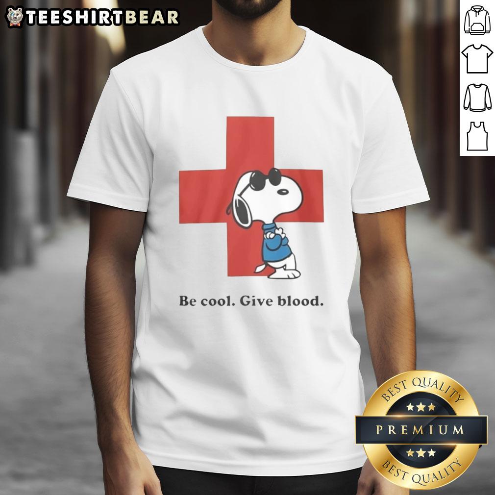Awesome Snoopy Be Cool Give Blood T-Shirt featuring Snoopy promoting blood donation in a fun, vibrant design.