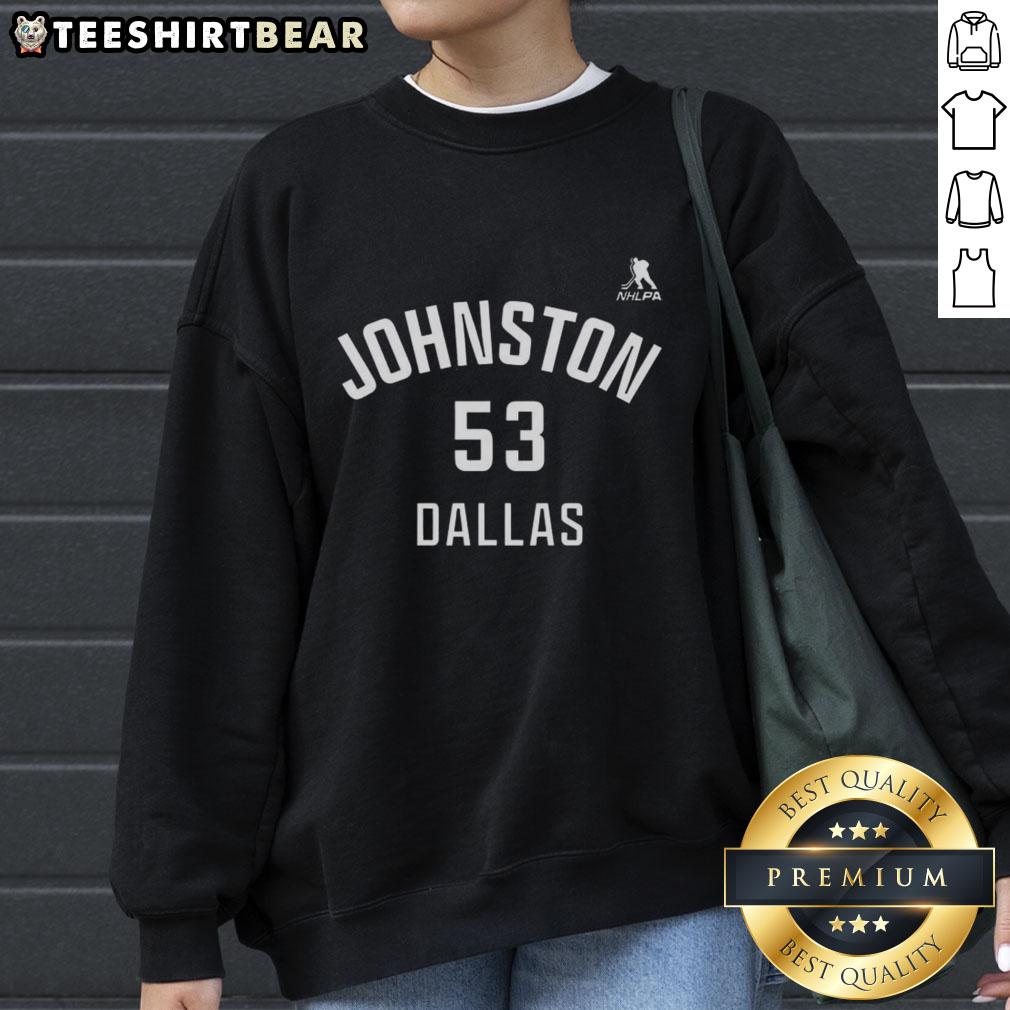 Alt Text: Wyatt Johnston Dallas Stars sweatshirt featuring name and number 53, perfect for ice hockey fans.