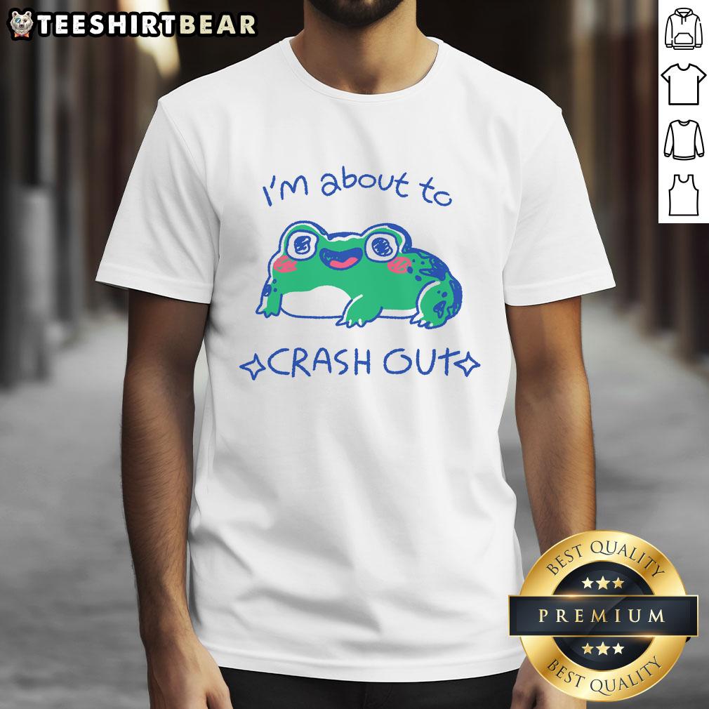 Alt Text: Cute frog graphic on a t-shirt with the phrase I'M About To Crash Out, perfect for frog lovers and casual wear.