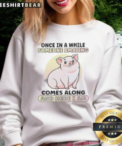 Alt Text: Cute pig wearing a sweatshirt with the phrase Once in a while, someone amazing comes along, and here I am.