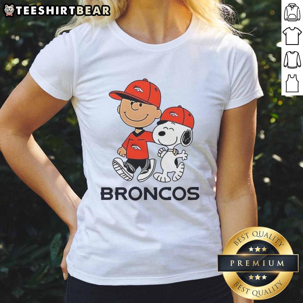 Denver Broncos NFL Ladies Tee featuring Peanuts characters Snoopy and Charlie Brown in vibrant team colors.
