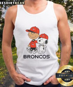 Good Denver Broncos NFL tank top featuring Peanuts characters Snoopy and Charlie Brown, perfect for game day style.