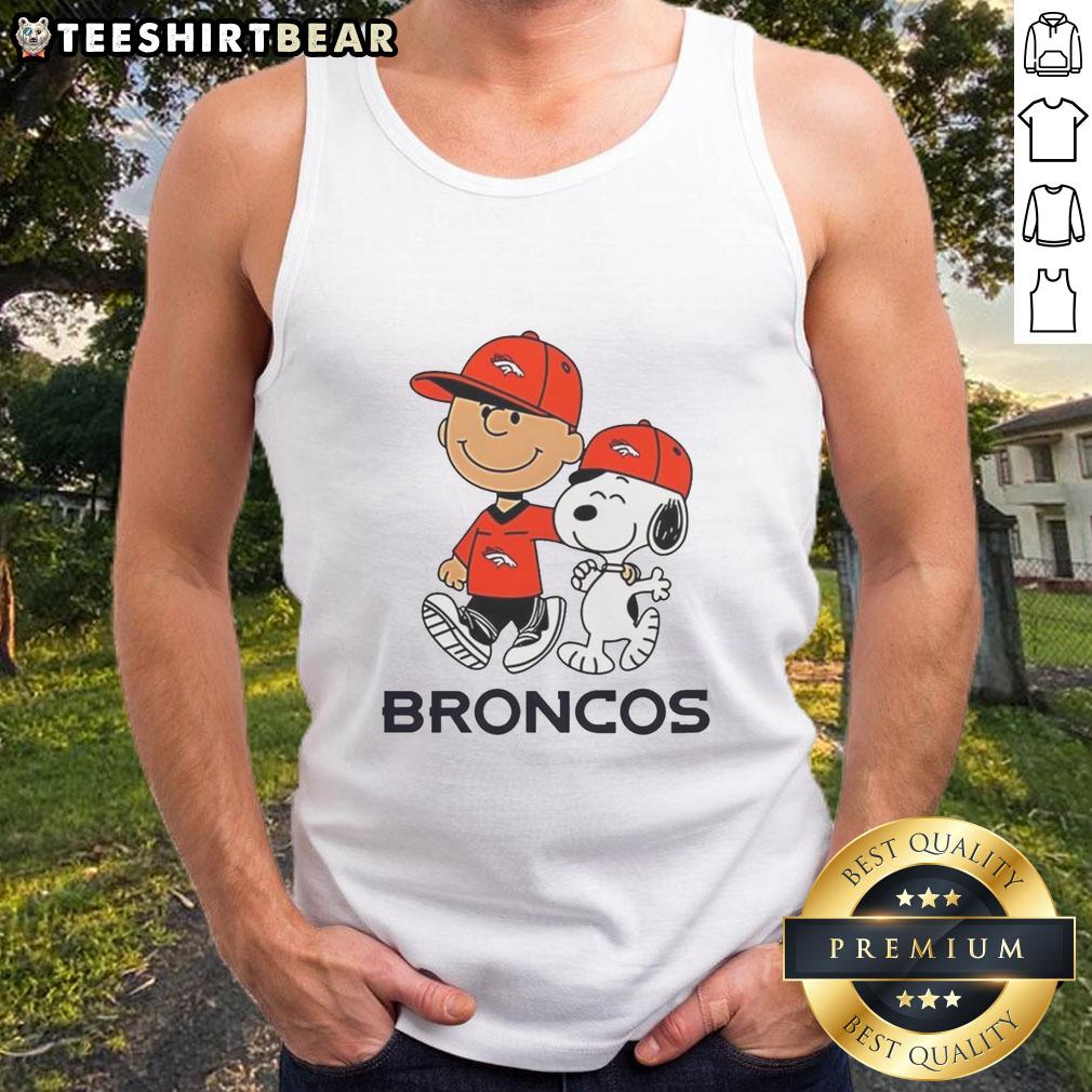Good Denver Broncos NFL tank top featuring Peanuts characters Snoopy and Charlie Brown, perfect for game day style.