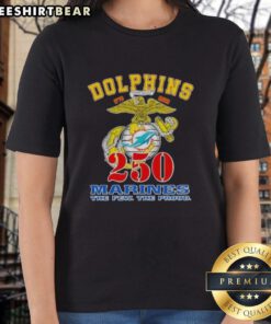 Good Miami Dolphins X U.S.M.C 250th Birthday Celebration ladies tee featuring vibrant team colors and festive design.